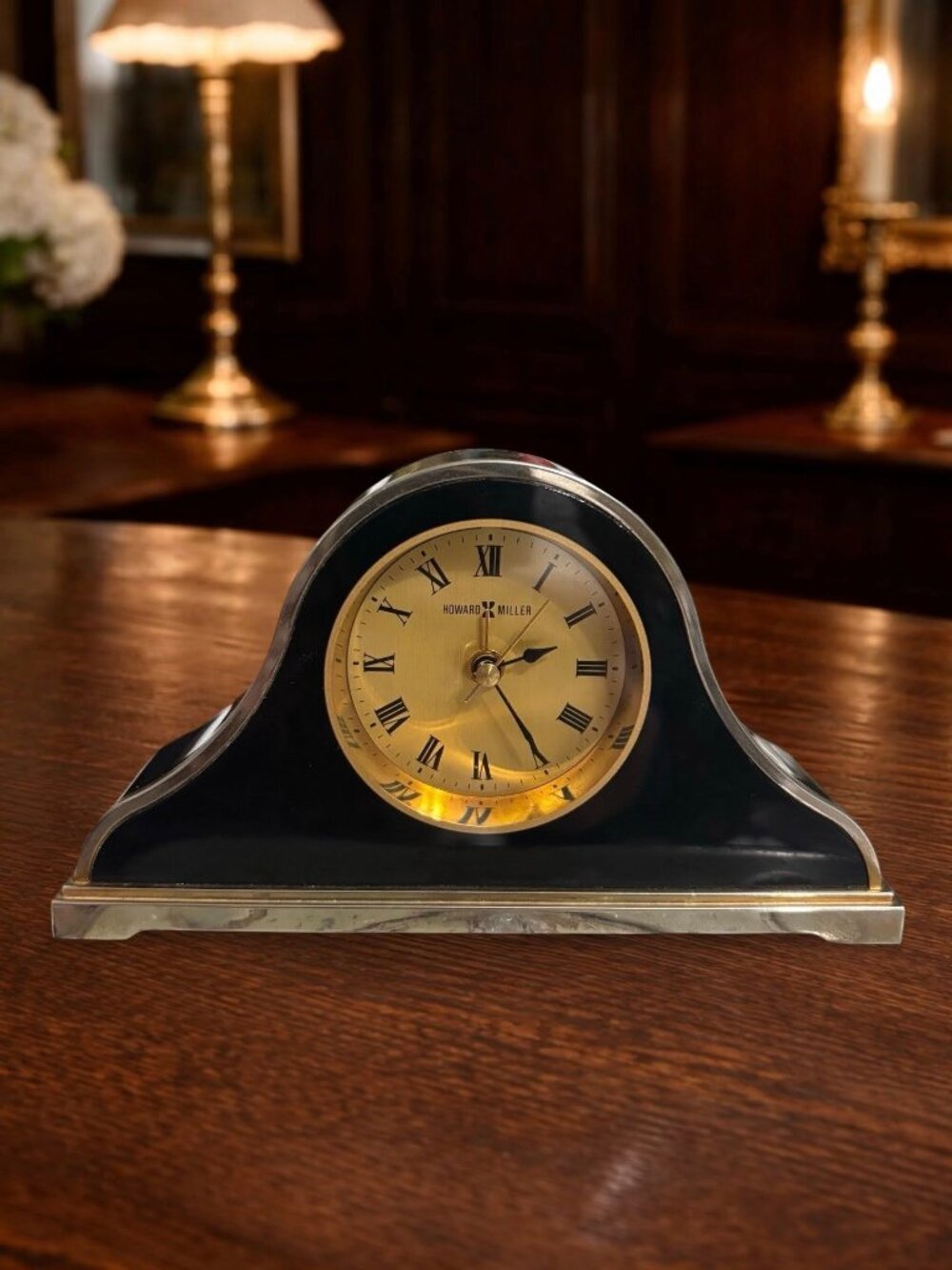 Howard Miller Desk or Bedside Alarm Clock With Brass Details & Roman Numerals -